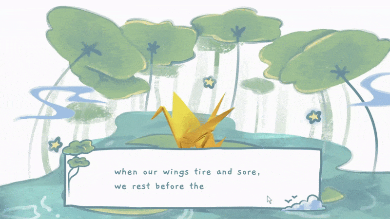 A screenshot of gameplay - scene of parent and child cranes flying in the sky together