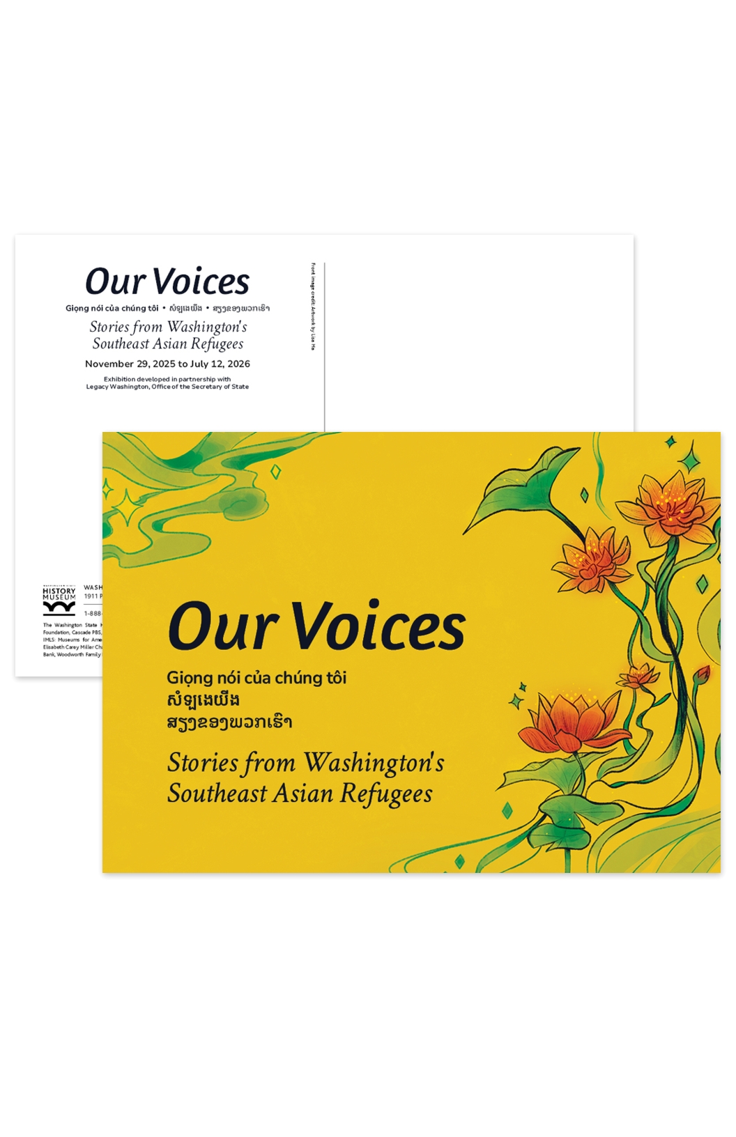 Front and back of postcard, featuring lotus and lilypad artwork with the headline 'Our Voices'