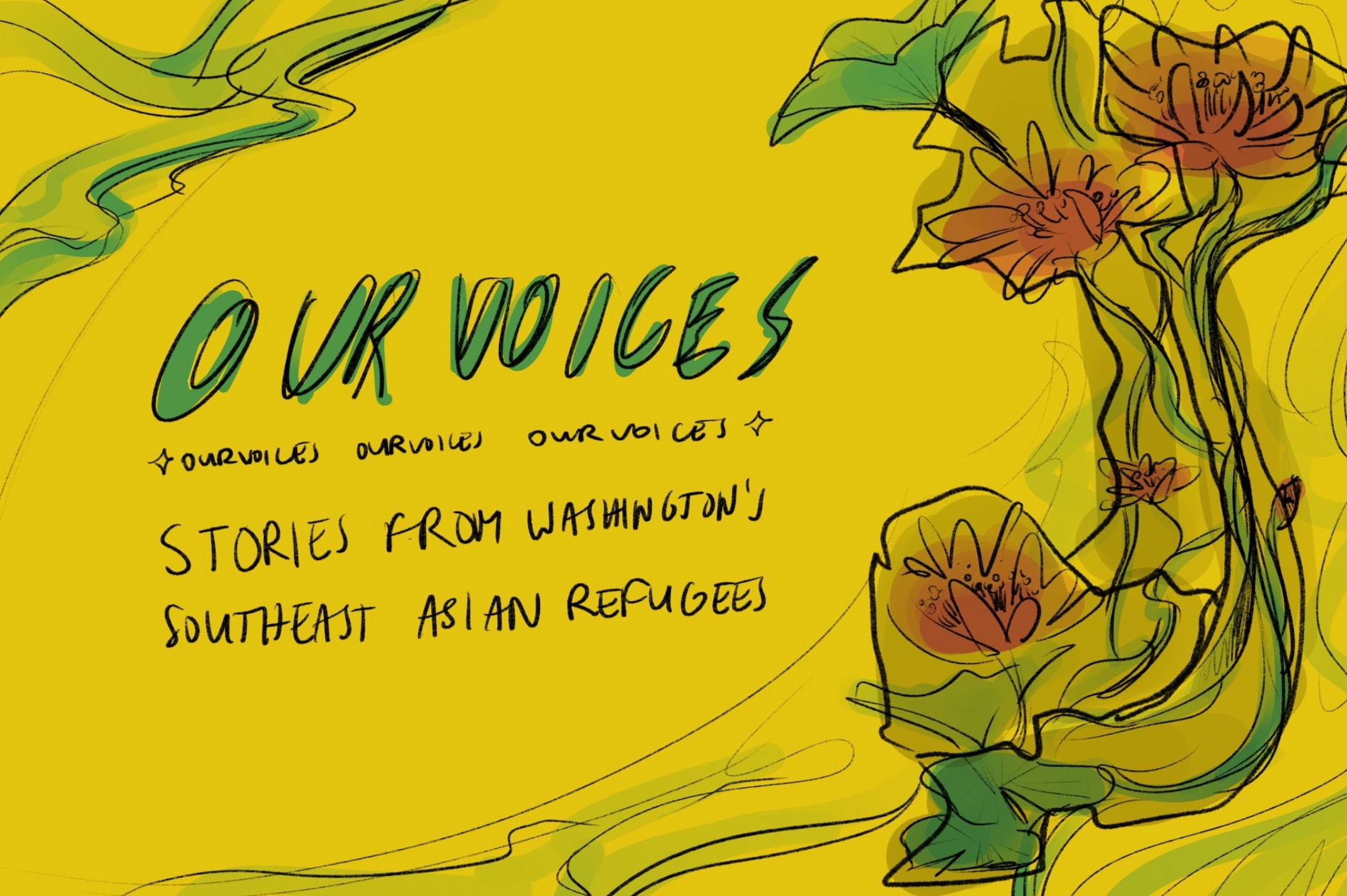 Colored sketch of the lotus artwork with Vietnam, Laos, and Cambodia outlined around flowers