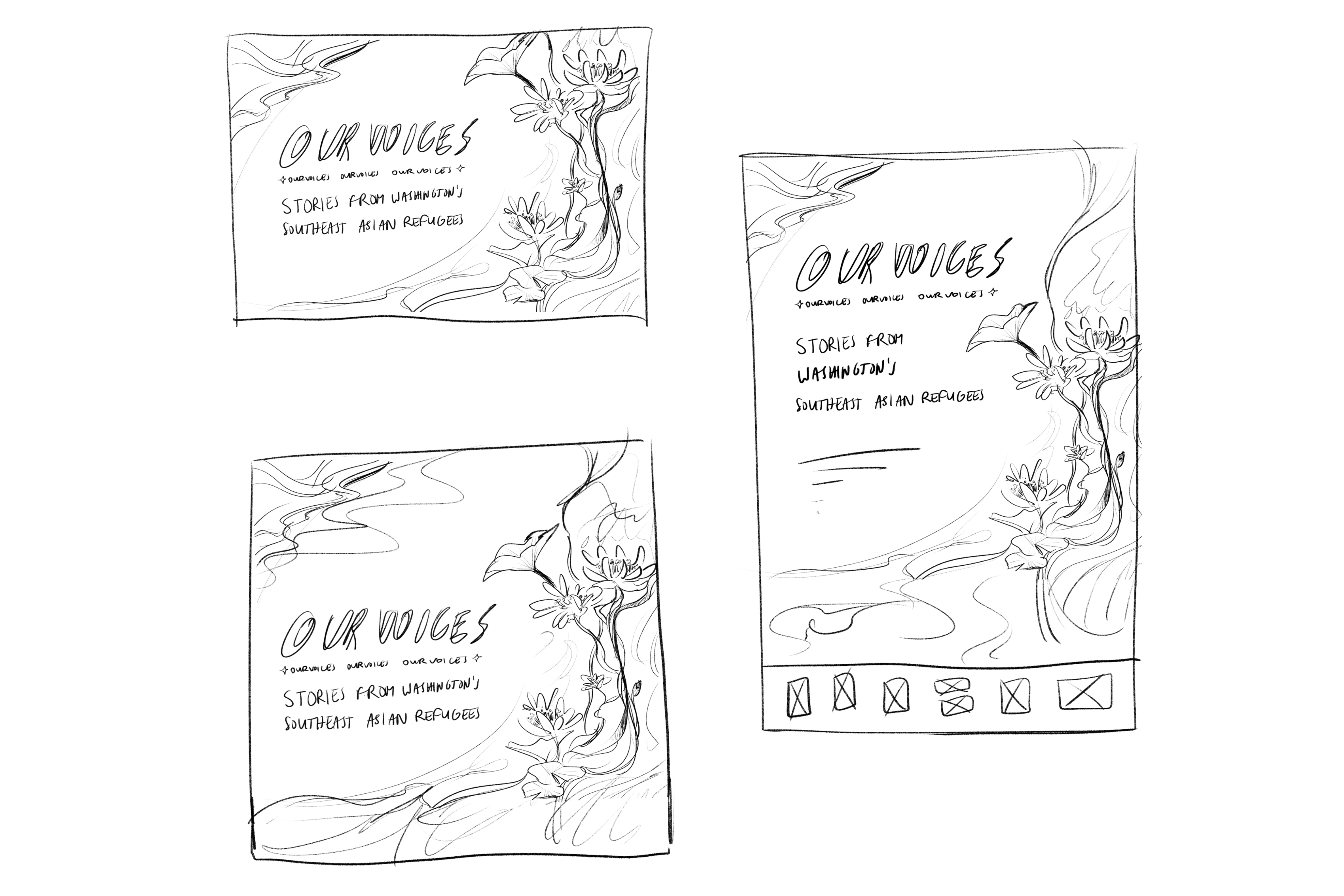 Rough sketches of lotus artwork in 3 different size dimensions: square, horizontal, and vertical