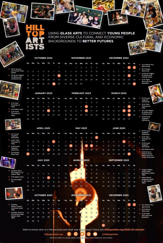 Black calendar with photos of students and mentors glassblowing