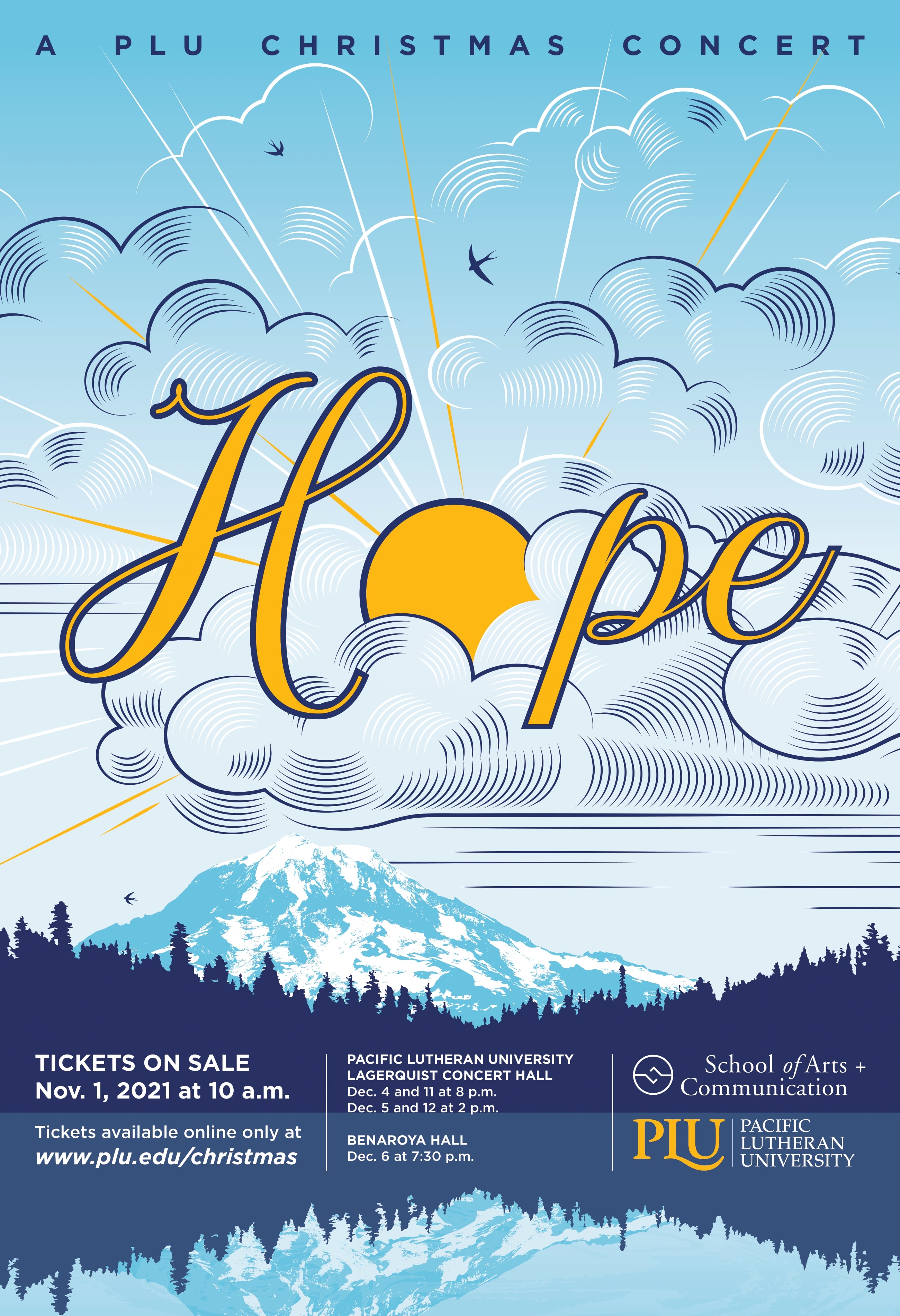 a poster with an illustration of Mt. Rainier, trees and a lake promoting Pacific Lutheran University's 2021 Christmas concerts