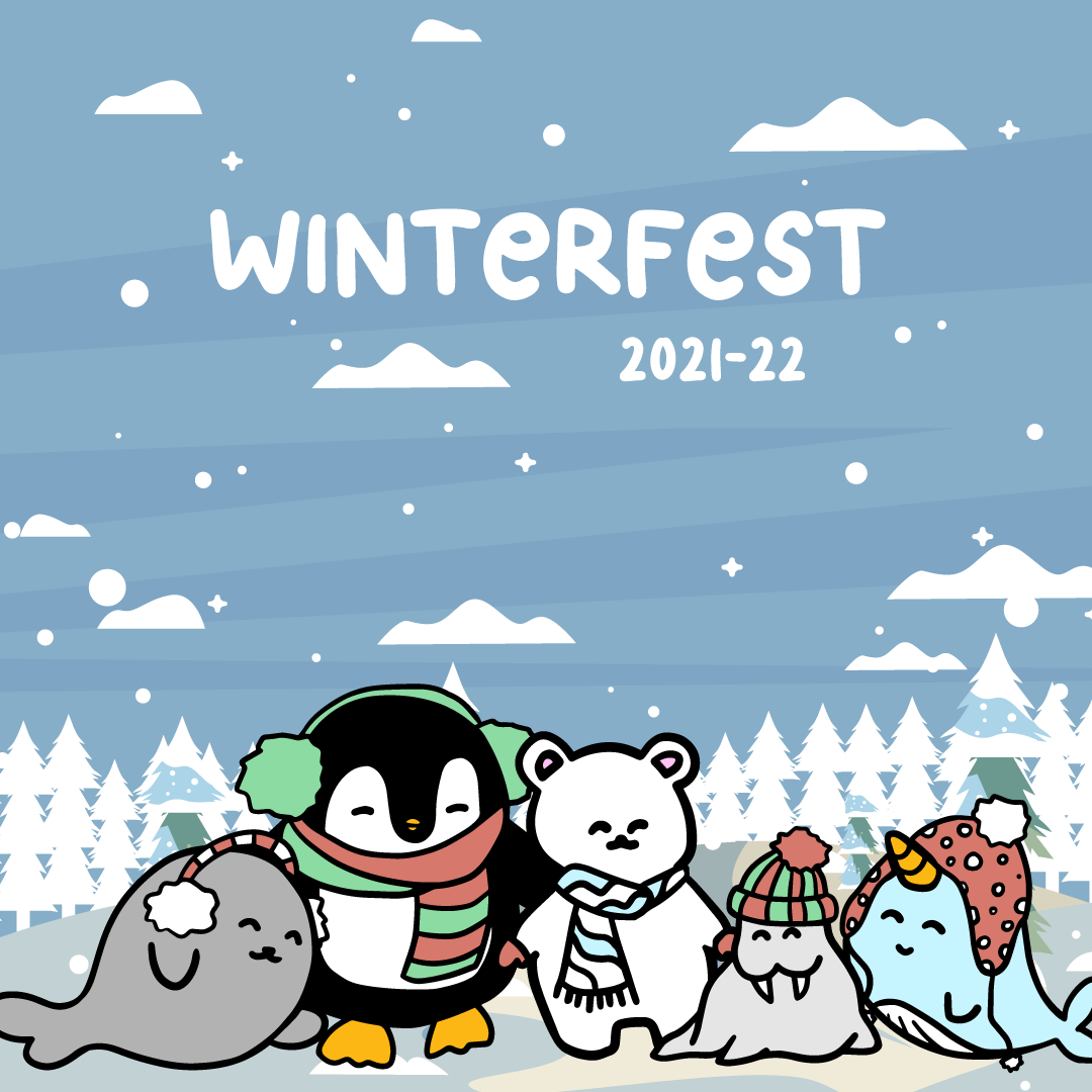 Winterfest banner featuring handrawn winter animals wearing winter clothes