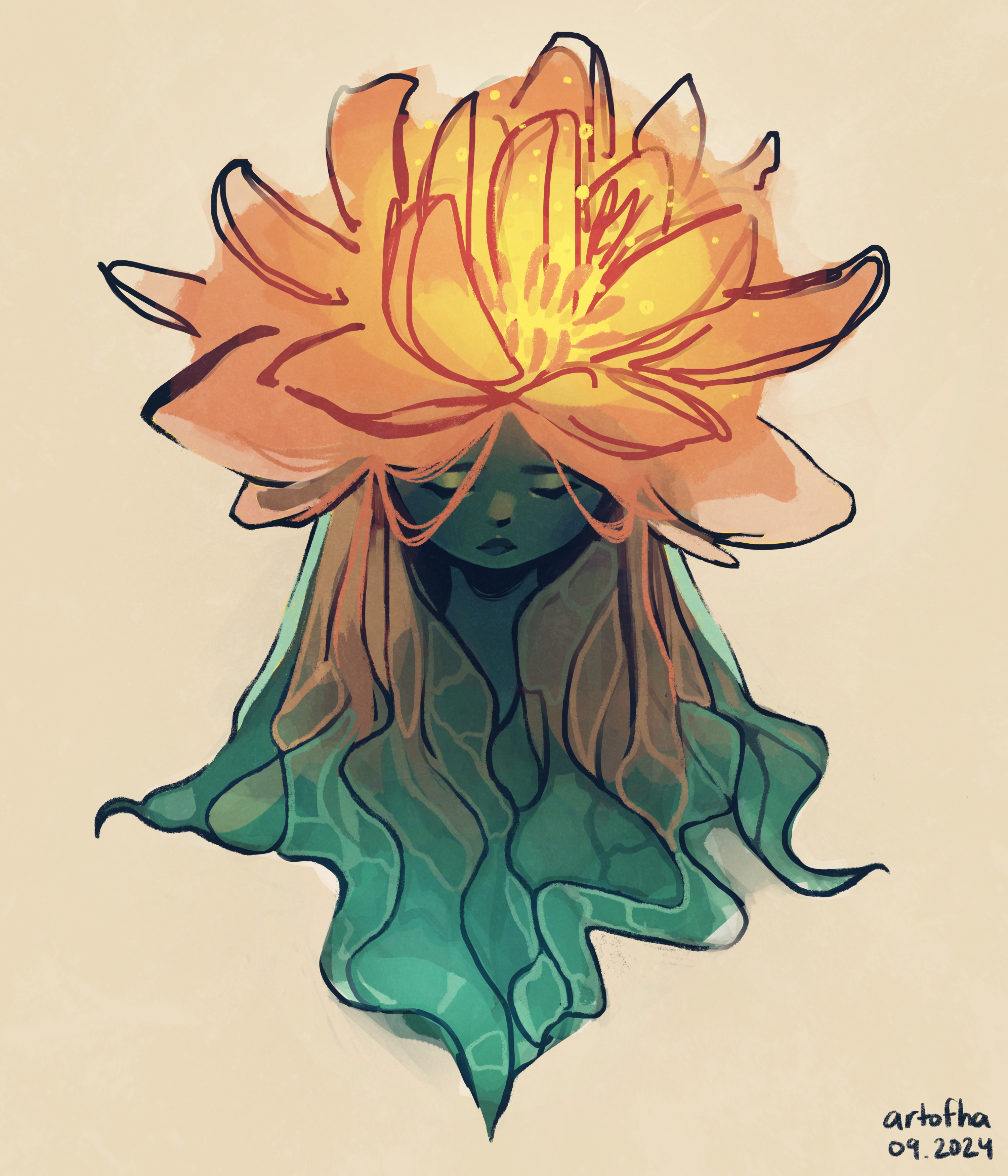 Green girl with pink lotus hair