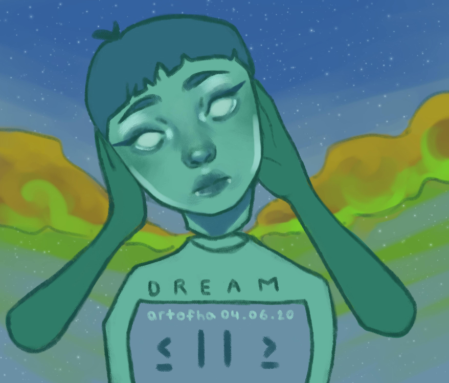 Green girl lifting her head in the clouds