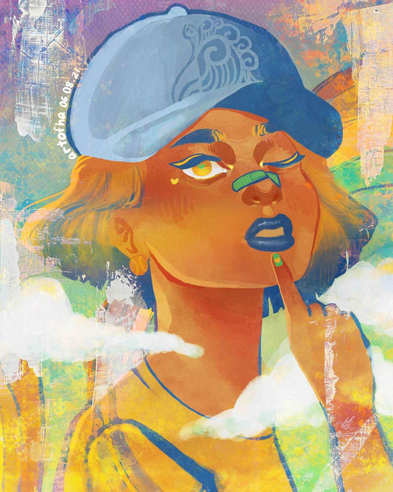 a digital painted illustration of a gold and blue haired gold-skinned girl wearing a blue baseball cap