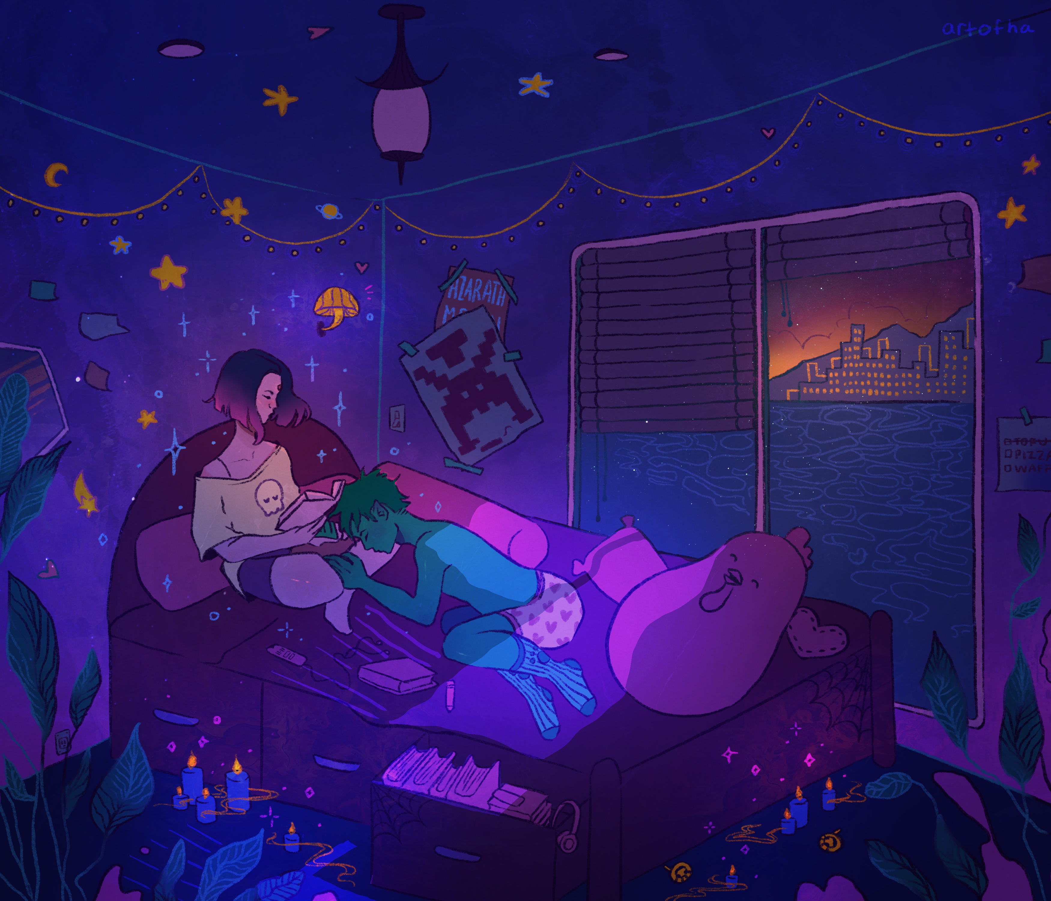 Fanart of Raven and Beast boy sitting on a bed with lots of pillows and dusk lighting